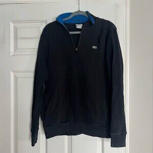 Lacoste Mens Quarter Zip Pullover Sweater Black Blue Collar Size L